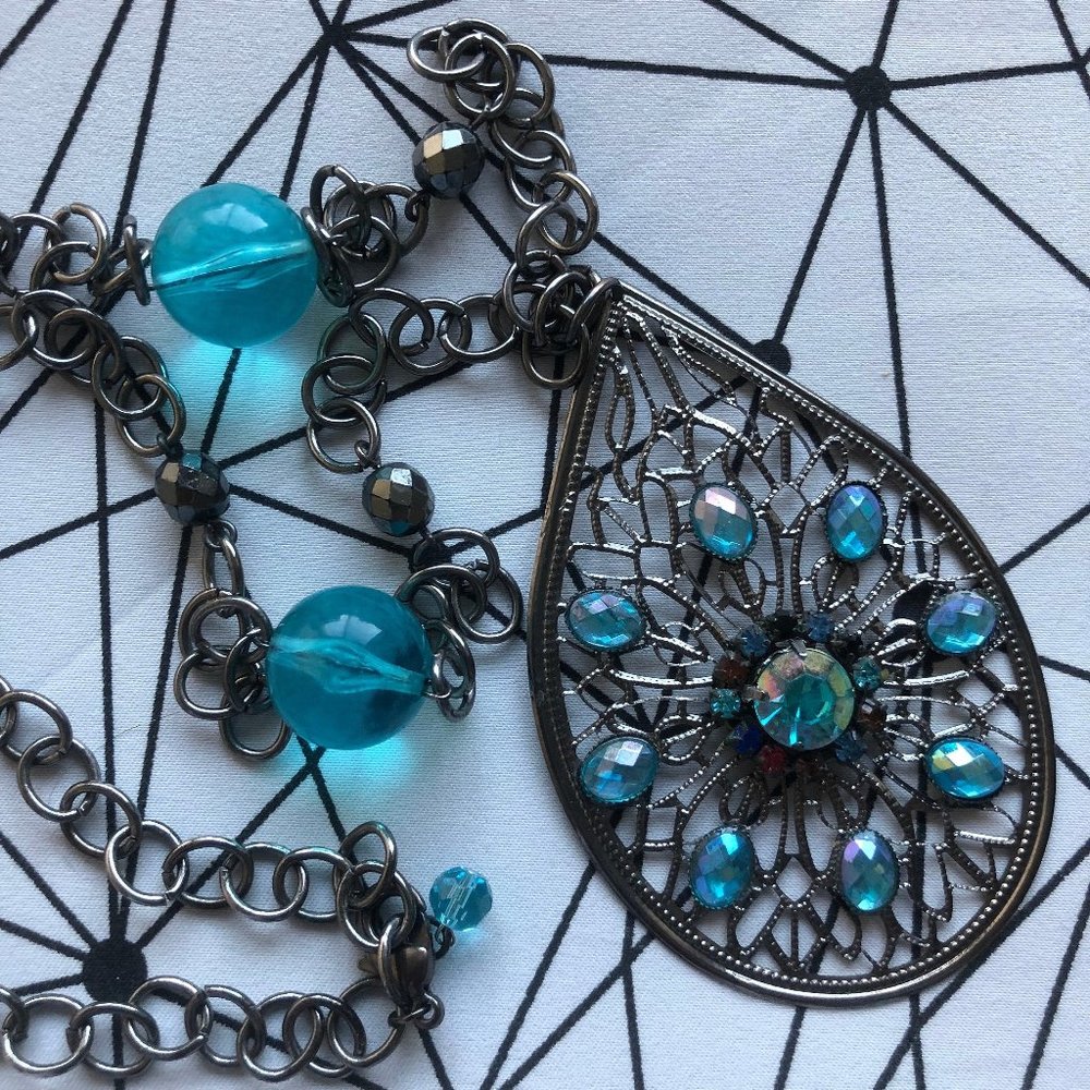 Peacock Blue Vintage Rhinestone Upcycled Assemblage Bohemian Long Necklace OOAK